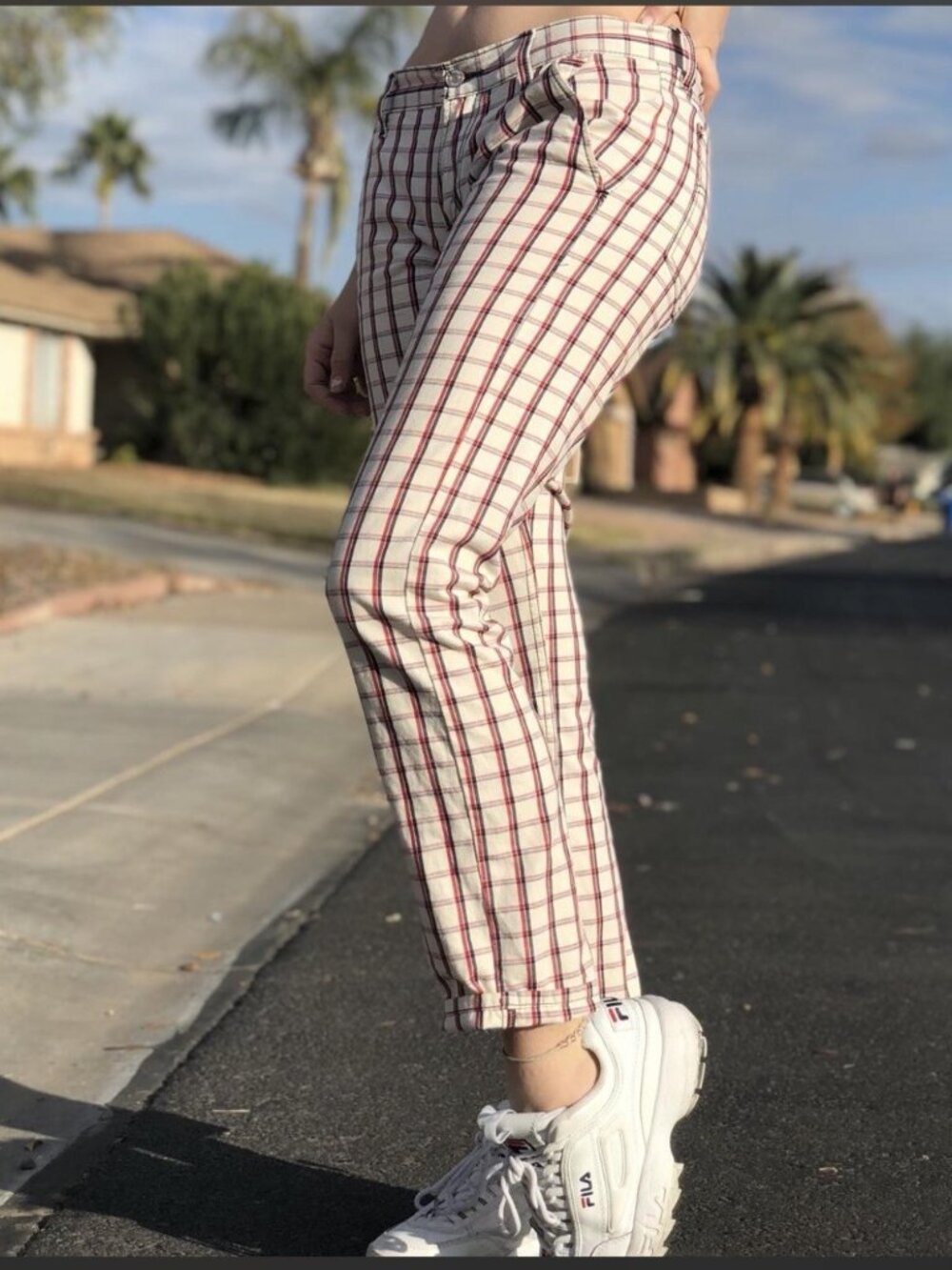 Vintage Levi's 511 Skinny Trousers White Red Navy Plaid Women's Size 34x32
